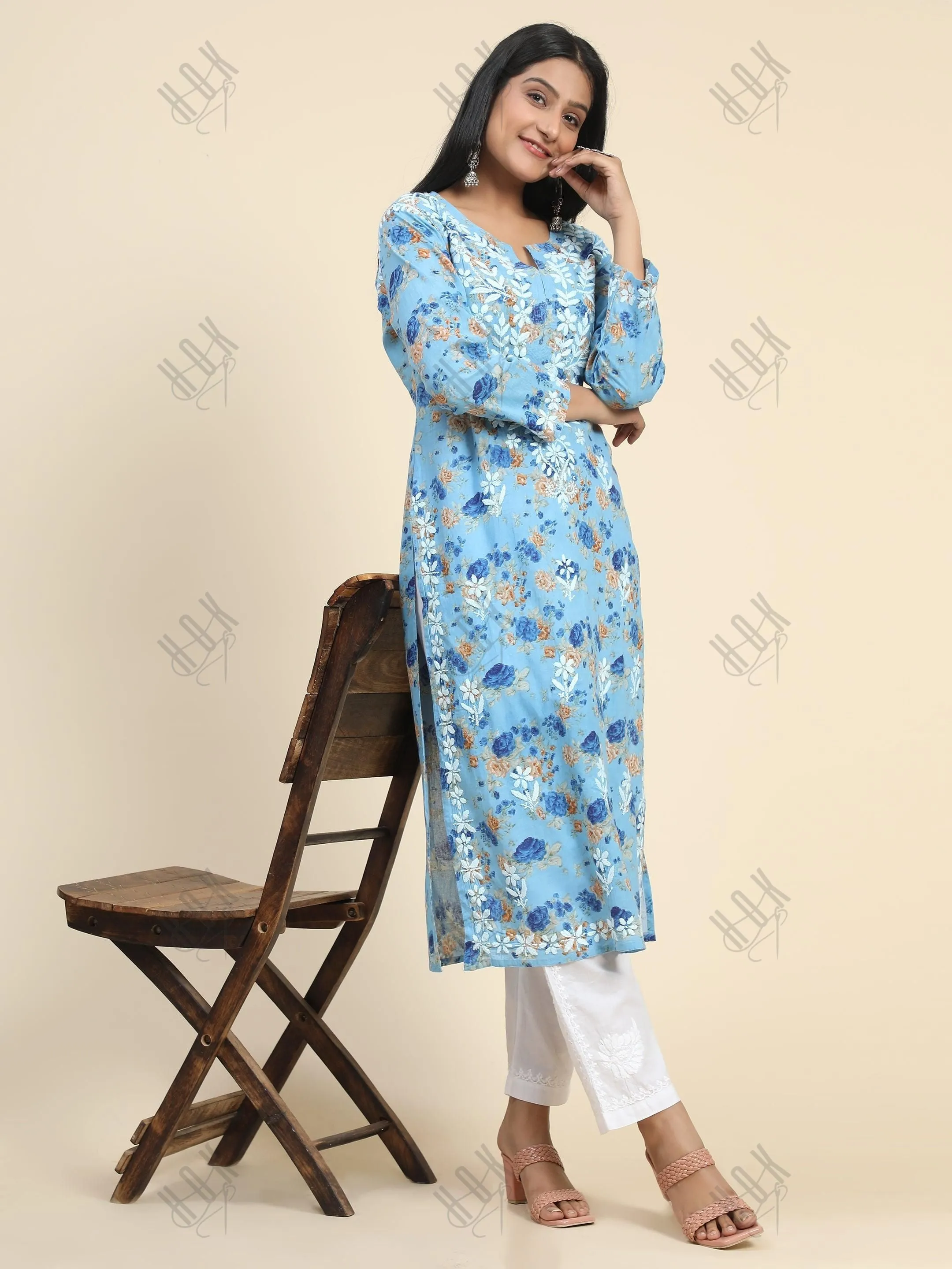 Fizaa Mul Printed  Hand Embroidery Chikankari Kurta- Blue