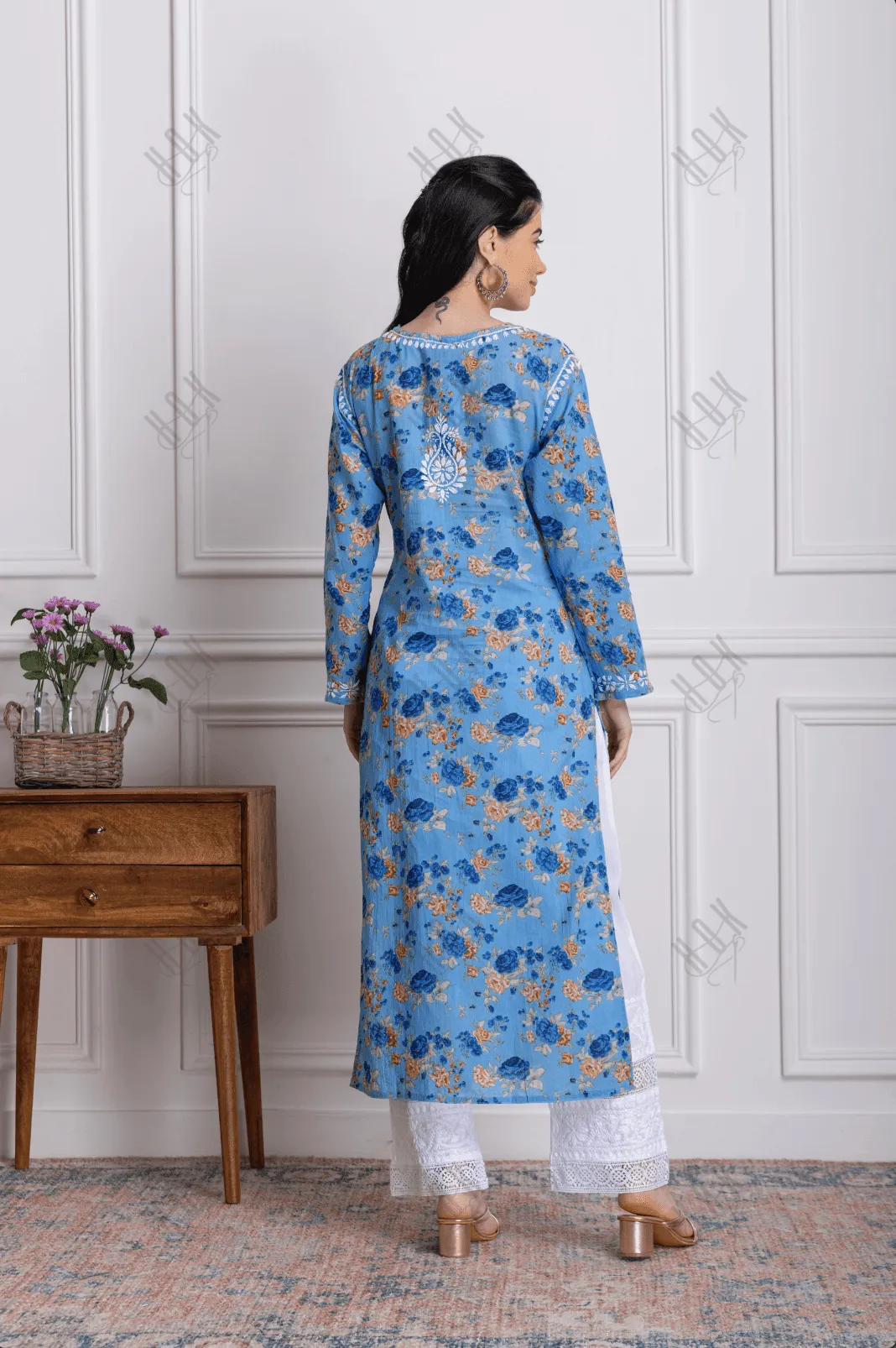 Fizaa Mul Printed  Hand Embroidery Chikankari Kurta- Blue