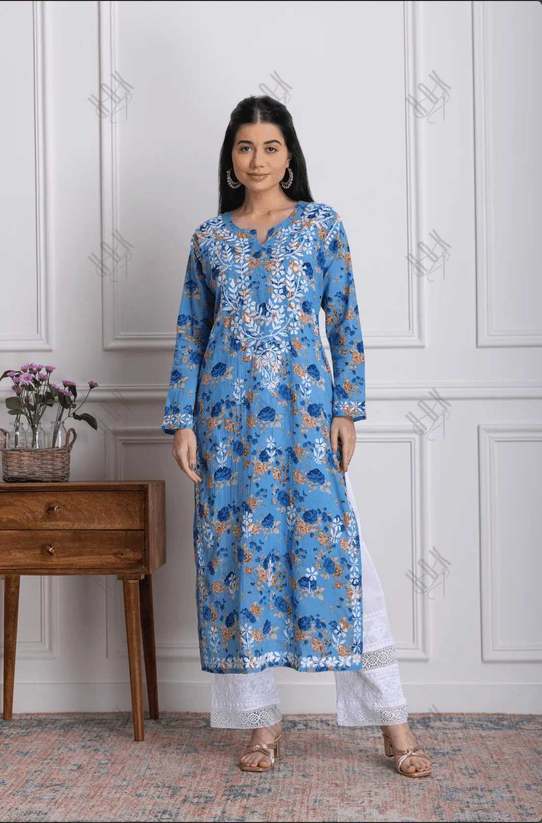 Fizaa Mul Printed  Hand Embroidery Chikankari Kurta- Blue
