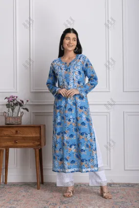 Fizaa Mul Printed  Hand Embroidery Chikankari Kurta- Blue