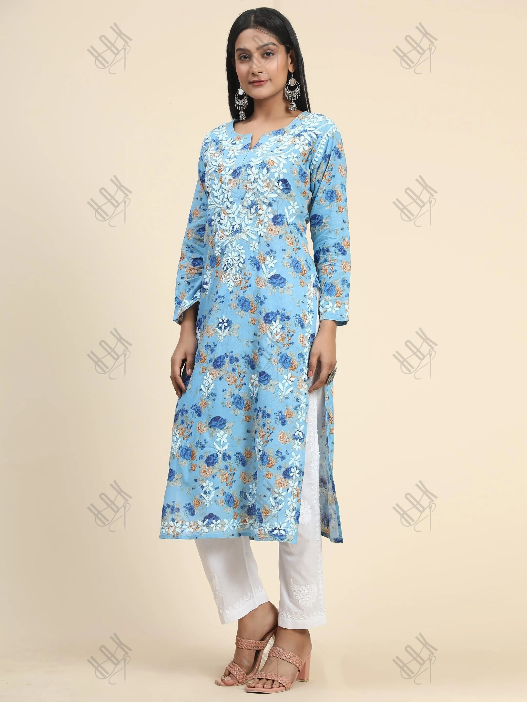 Fizaa Mul Printed  Hand Embroidery Chikankari Kurta- Blue