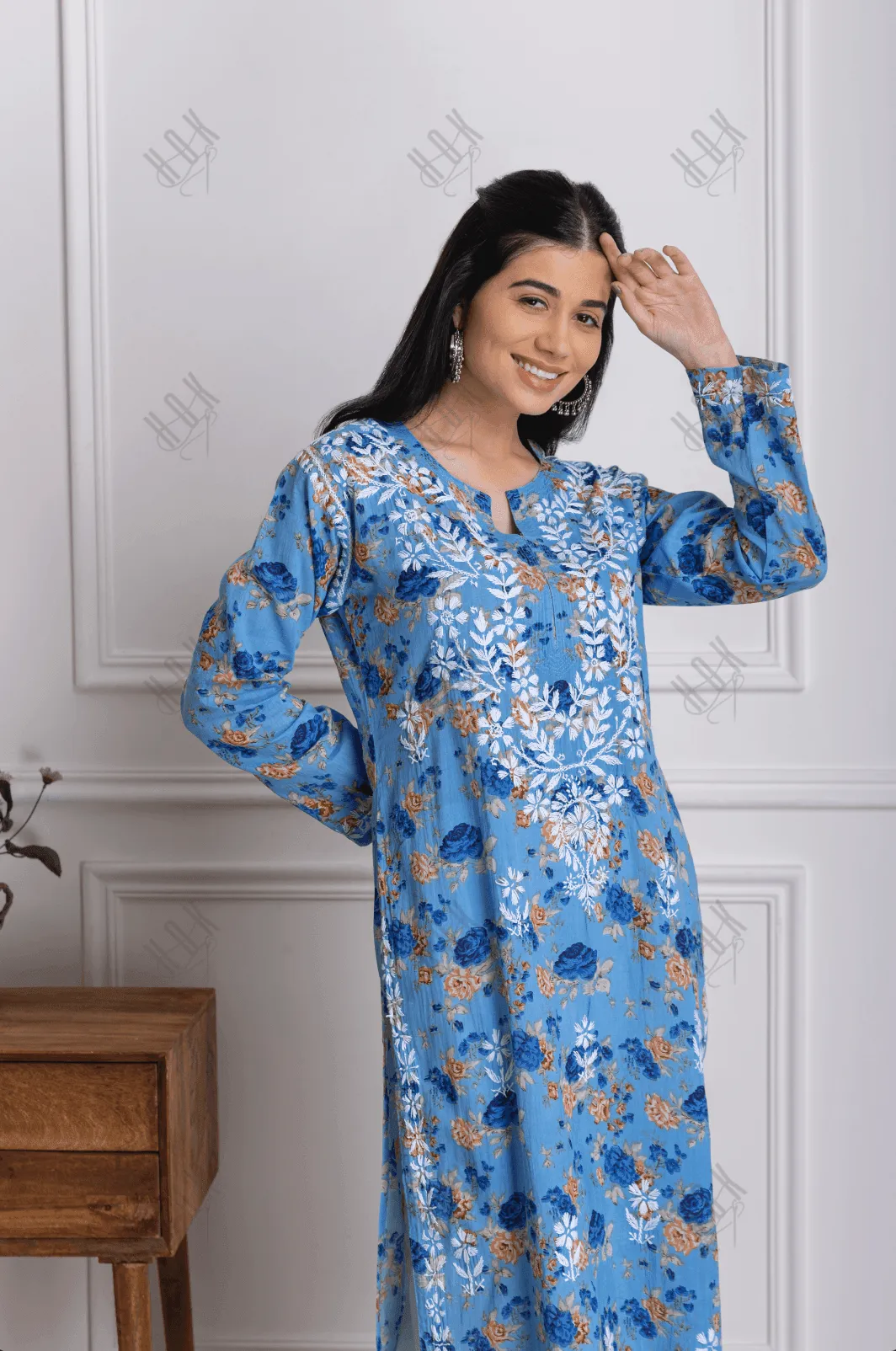 Fizaa Mul Printed  Hand Embroidery Chikankari Kurta- Blue