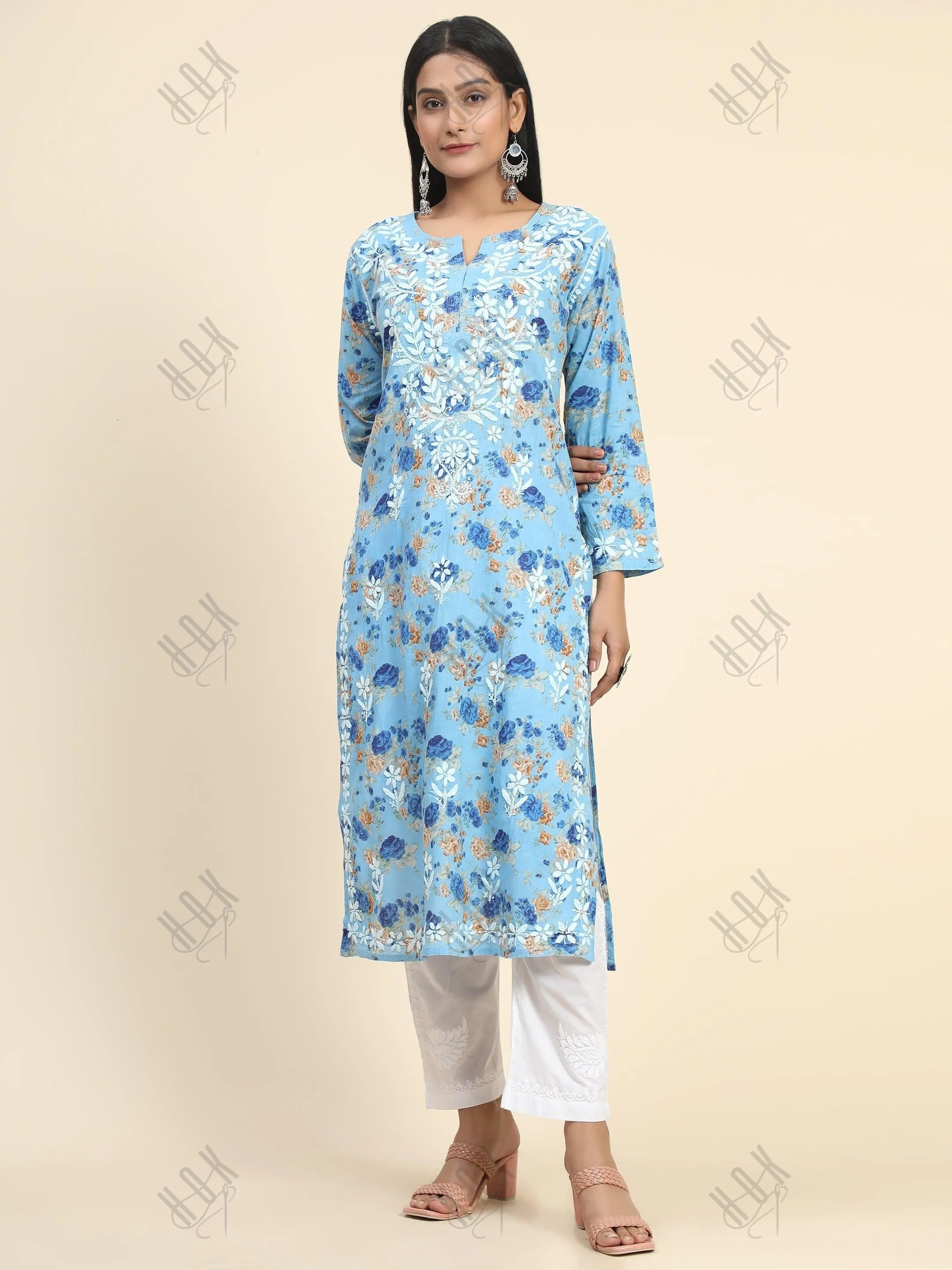 Fizaa Mul Printed  Hand Embroidery Chikankari Kurta- Blue