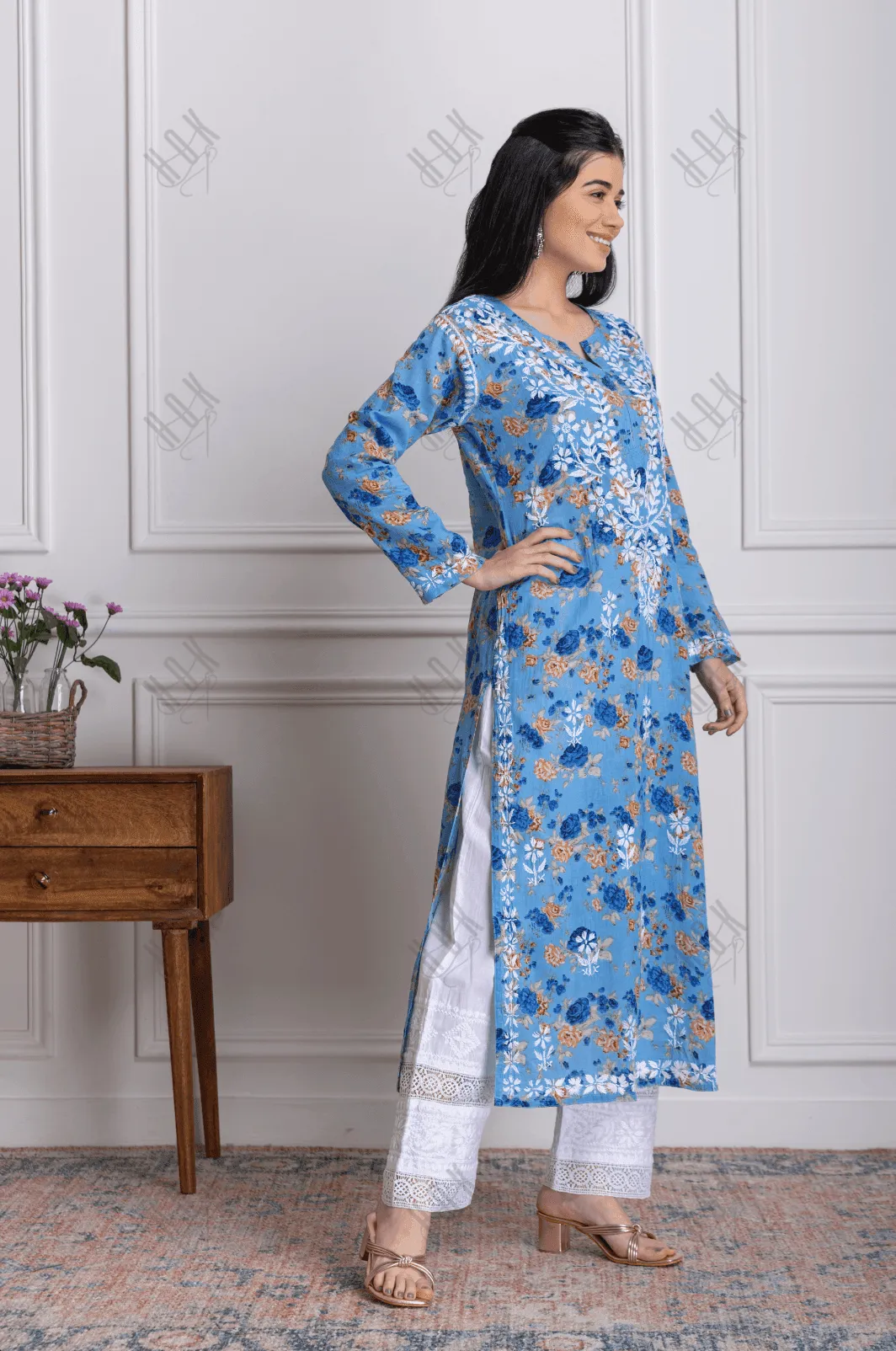 Fizaa Mul Printed  Hand Embroidery Chikankari Kurta- Blue
