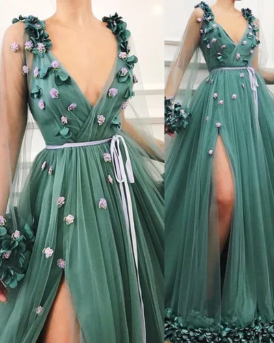 GORGEOUS GREEN LONG-SLEEVES TULLE SIDE-SLIT A-LINE PROM DRESS SA107