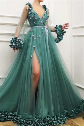 GORGEOUS GREEN LONG-SLEEVES TULLE SIDE-SLIT A-LINE PROM DRESS SA107