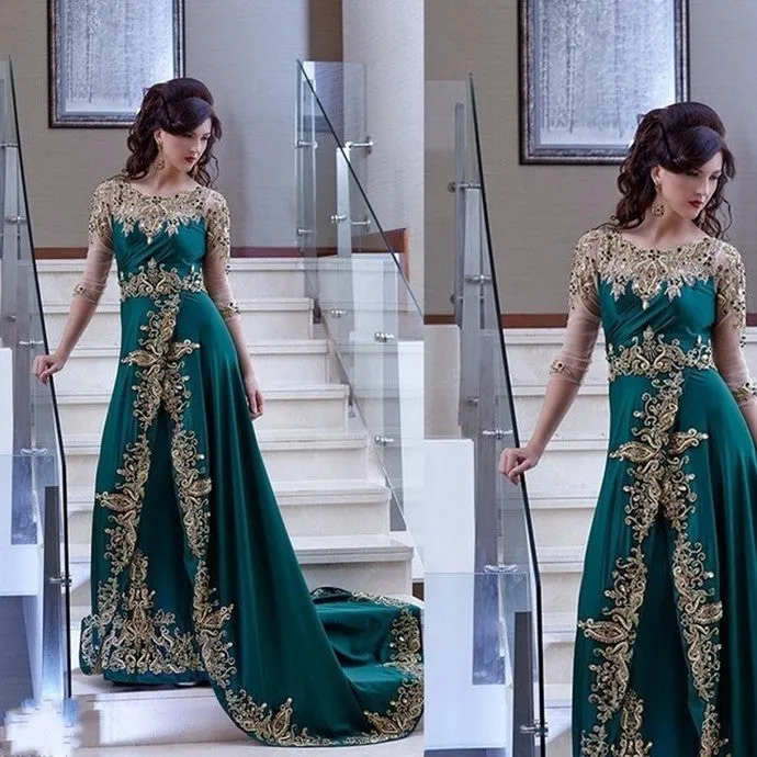 green prom dresses with gold lace appliqué beaded elegant long sleeve muslim prom gown