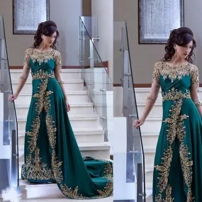 green prom dresses with gold lace appliqué beaded elegant long sleeve muslim prom gown