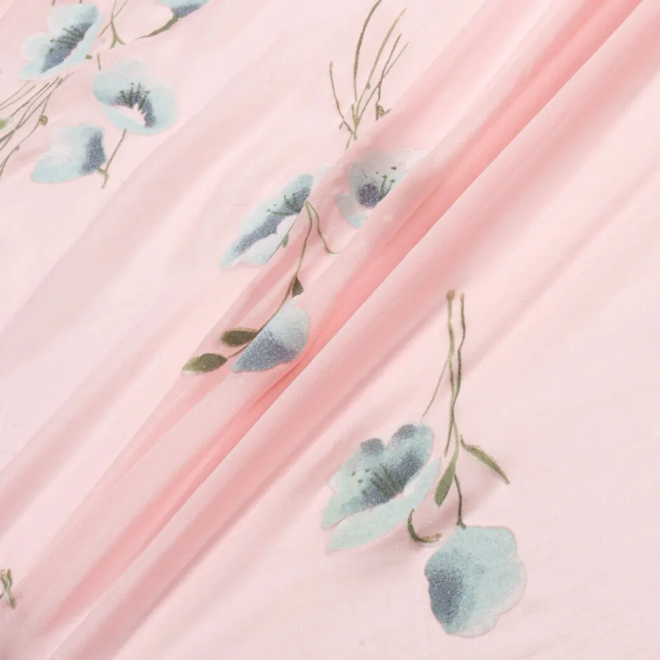 Grey Floral Flocked Appliqué Baby Pink Georgette