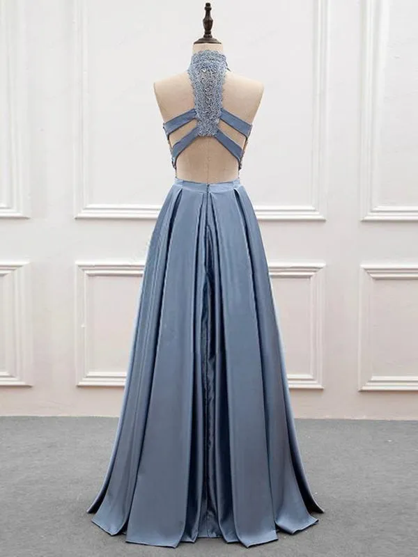 Halter Lace Top Open Back Long A-Line Prom Dresses,High Neck Long Prom Dress