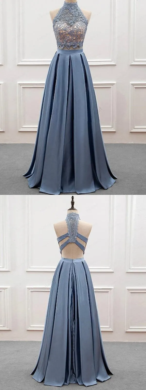 Halter Lace Top Open Back Long A-Line Prom Dresses,High Neck Long Prom Dress
