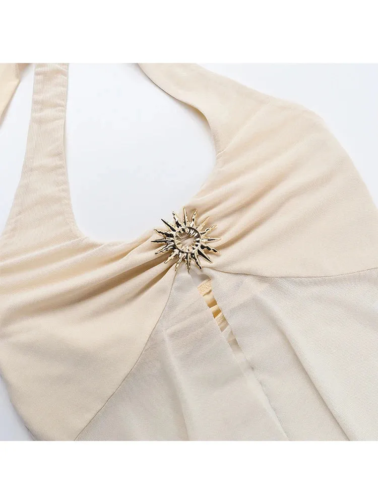 Halter Tie-Back Sheer Mesh Tank Top - Metal Accents Backless Y2K Vest