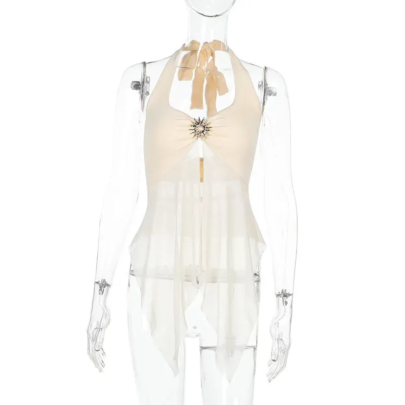 Halter Tie-Back Sheer Mesh Tank Top - Metal Accents Backless Y2K Vest