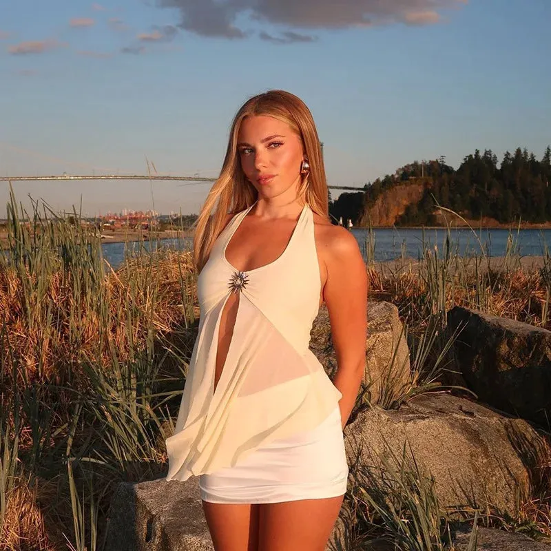 Halter Tie-Back Sheer Mesh Tank Top - Metal Accents Backless Y2K Vest