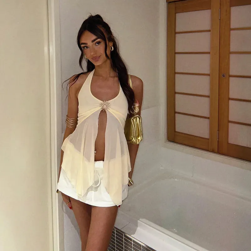 Halter Tie-Back Sheer Mesh Tank Top - Metal Accents Backless Y2K Vest