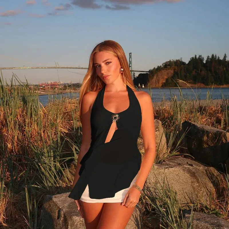 Halter Tie-Back Sheer Mesh Tank Top - Metal Accents Backless Y2K Vest