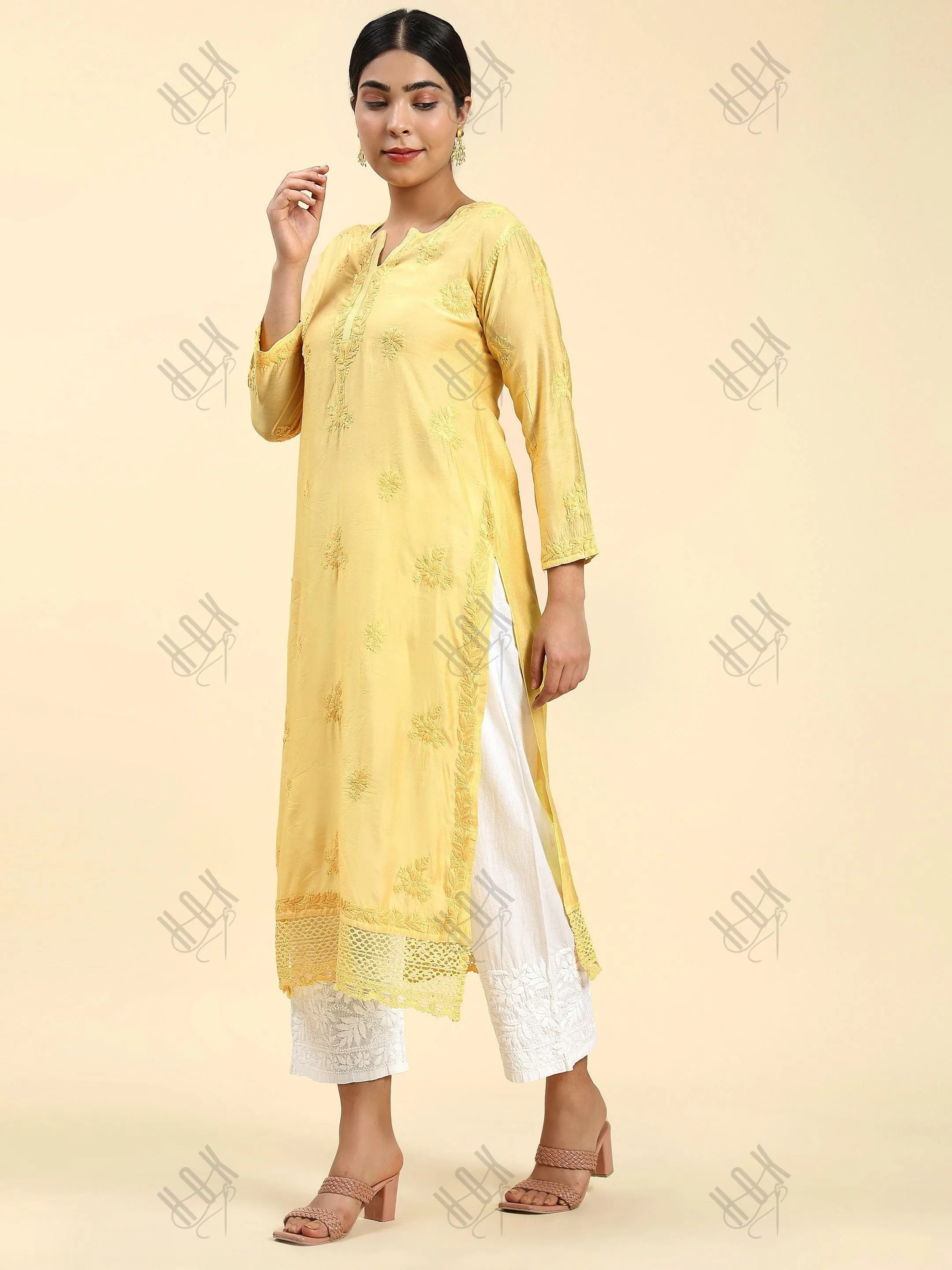 Jhanvi in Fizaa Chikankari Long Kurta in Chanderi Silk for Women - Yellow