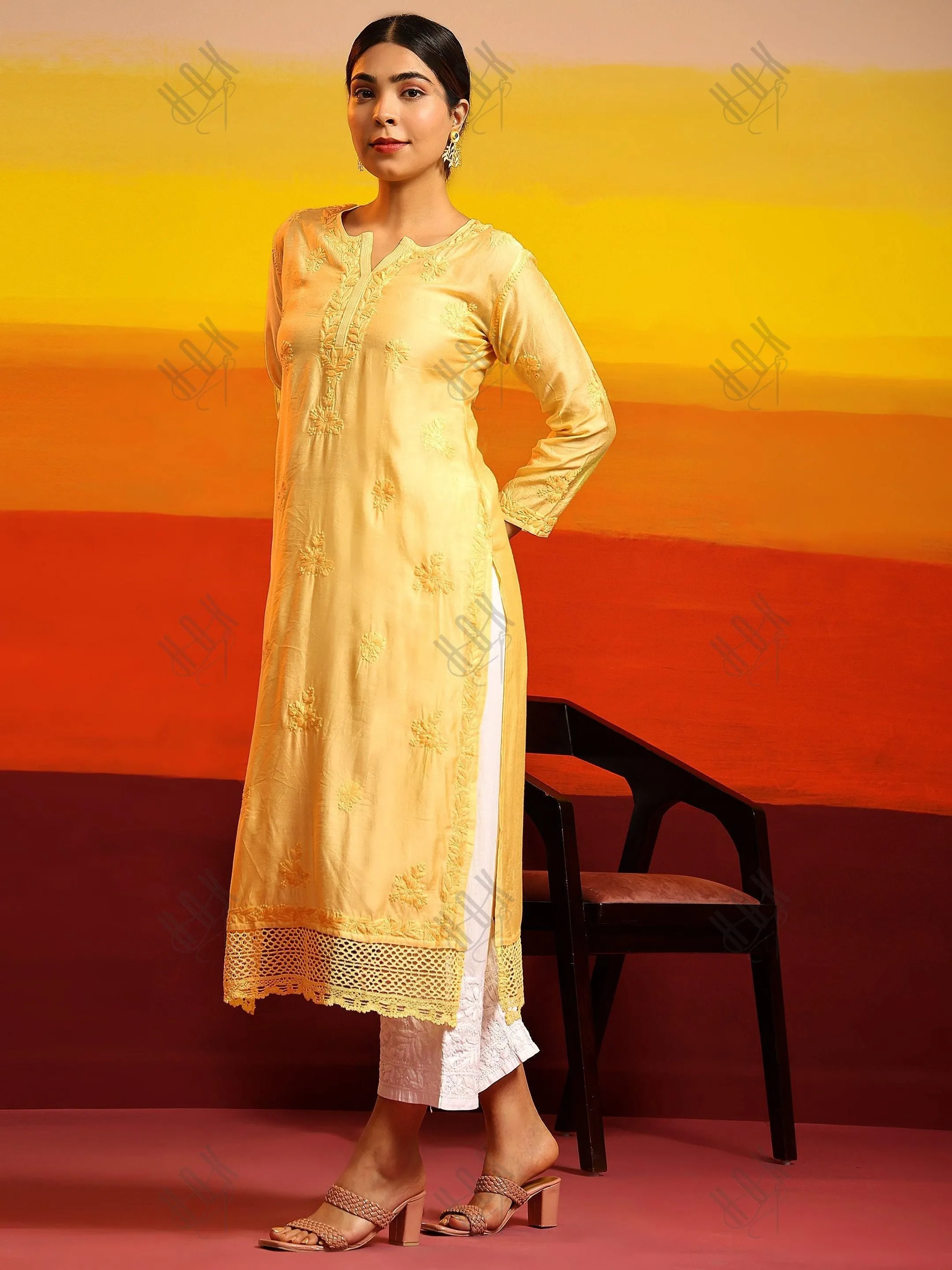 Jhanvi in Fizaa Chikankari Long Kurta in Chanderi Silk for Women - Yellow