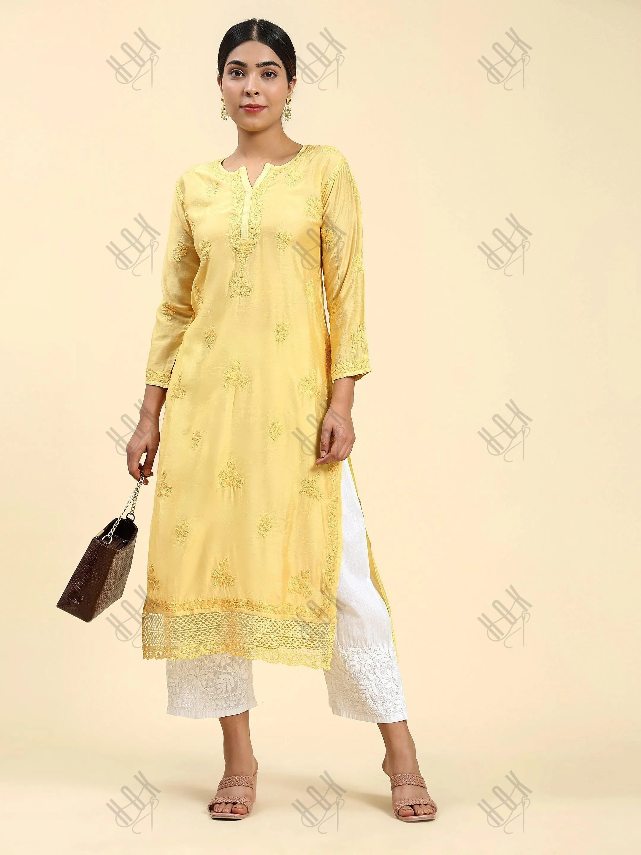 Jhanvi in Fizaa Chikankari Long Kurta in Chanderi Silk for Women - Yellow