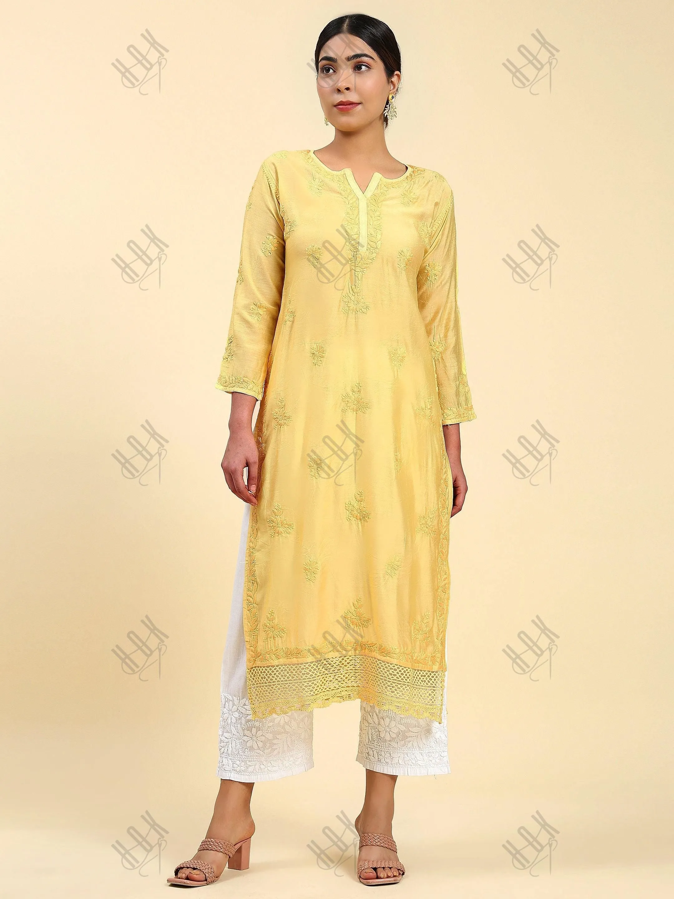 Jhanvi in Fizaa Chikankari Long Kurta in Chanderi Silk for Women - Yellow