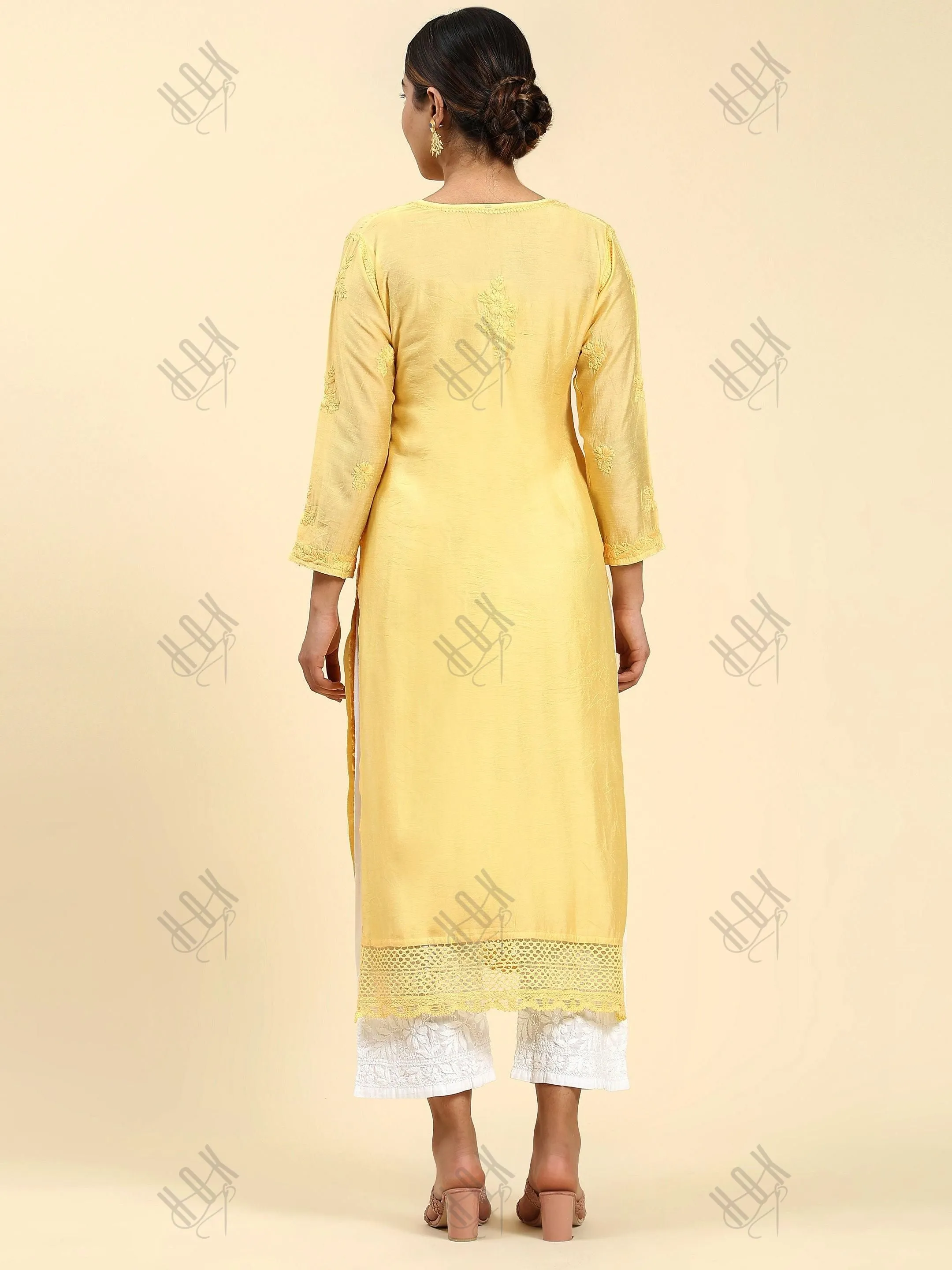 Jhanvi in Fizaa Chikankari Long Kurta in Chanderi Silk for Women - Yellow