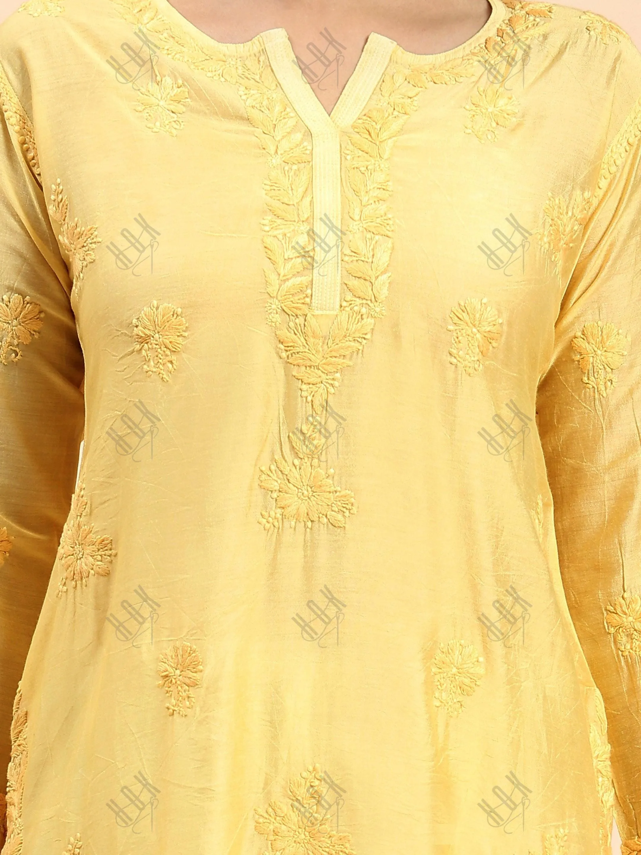 Jhanvi in Fizaa Chikankari Long Kurta in Chanderi Silk for Women - Yellow