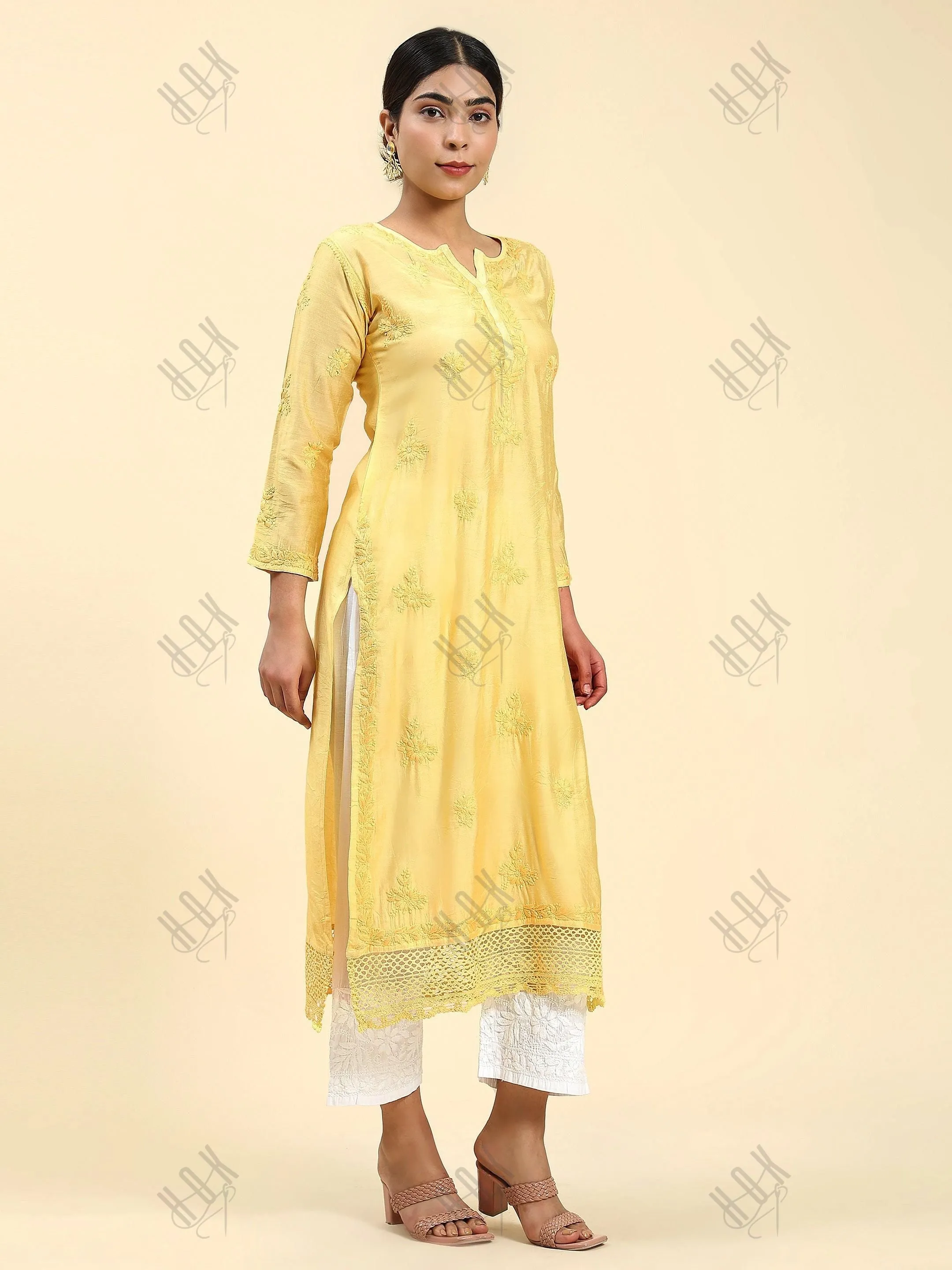 Jhanvi in Fizaa Chikankari Long Kurta in Chanderi Silk for Women - Yellow