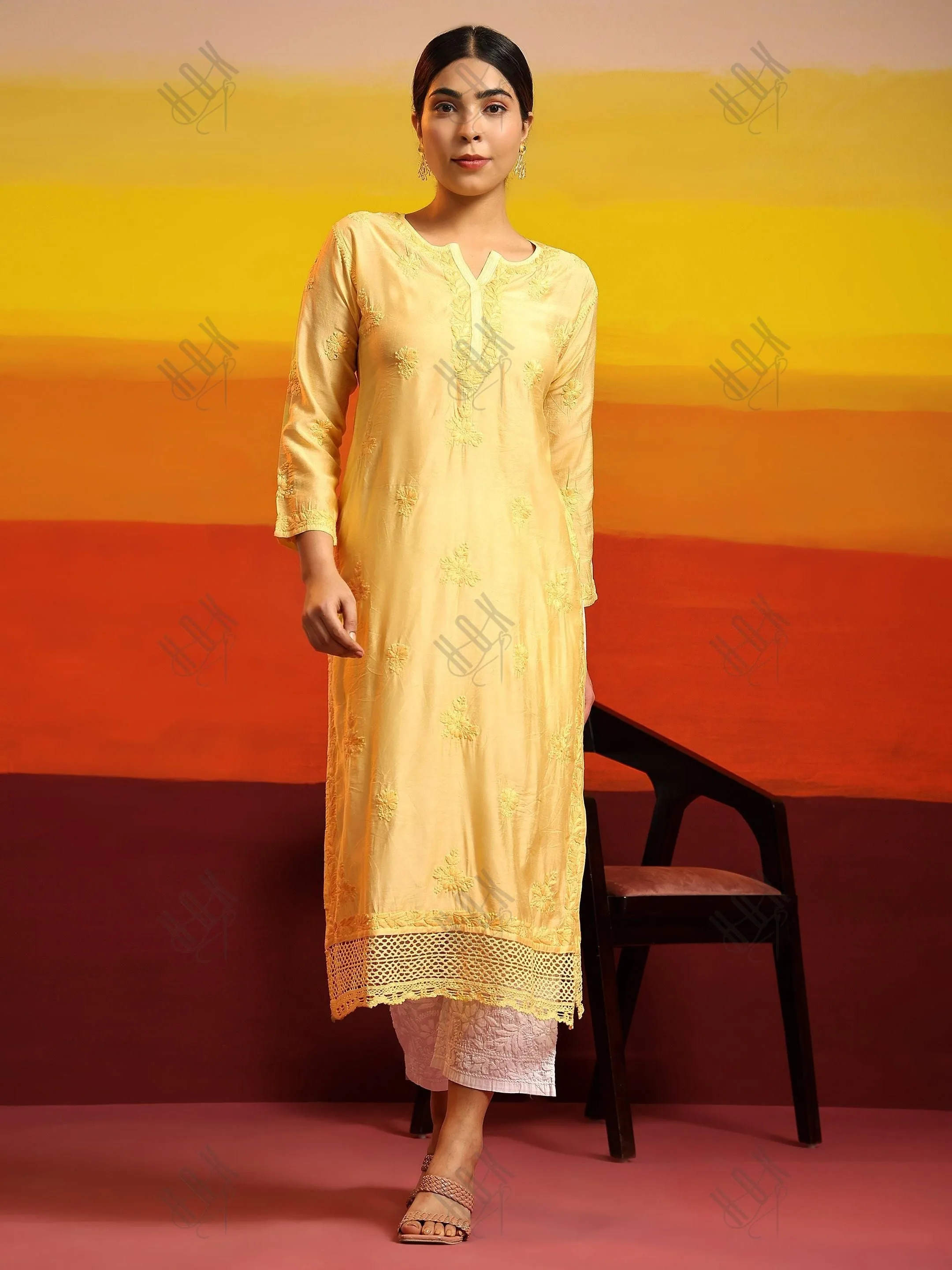 Jhanvi in Fizaa Chikankari Long Kurta in Chanderi Silk for Women - Yellow