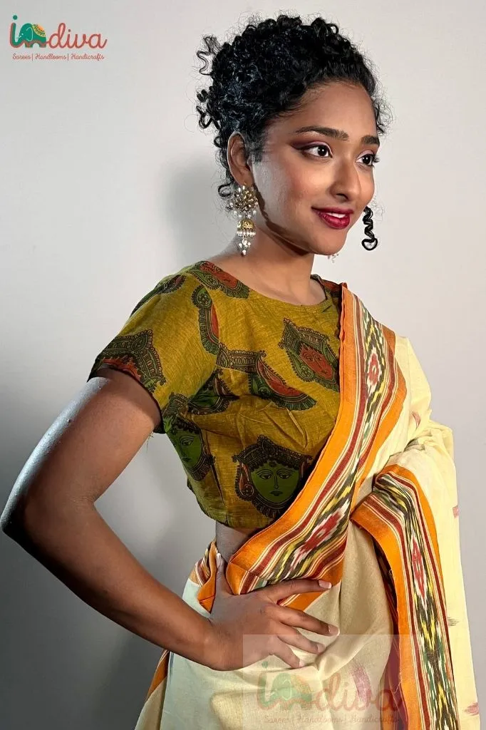 Kalamkari Yellow Cotton Saree Blouse