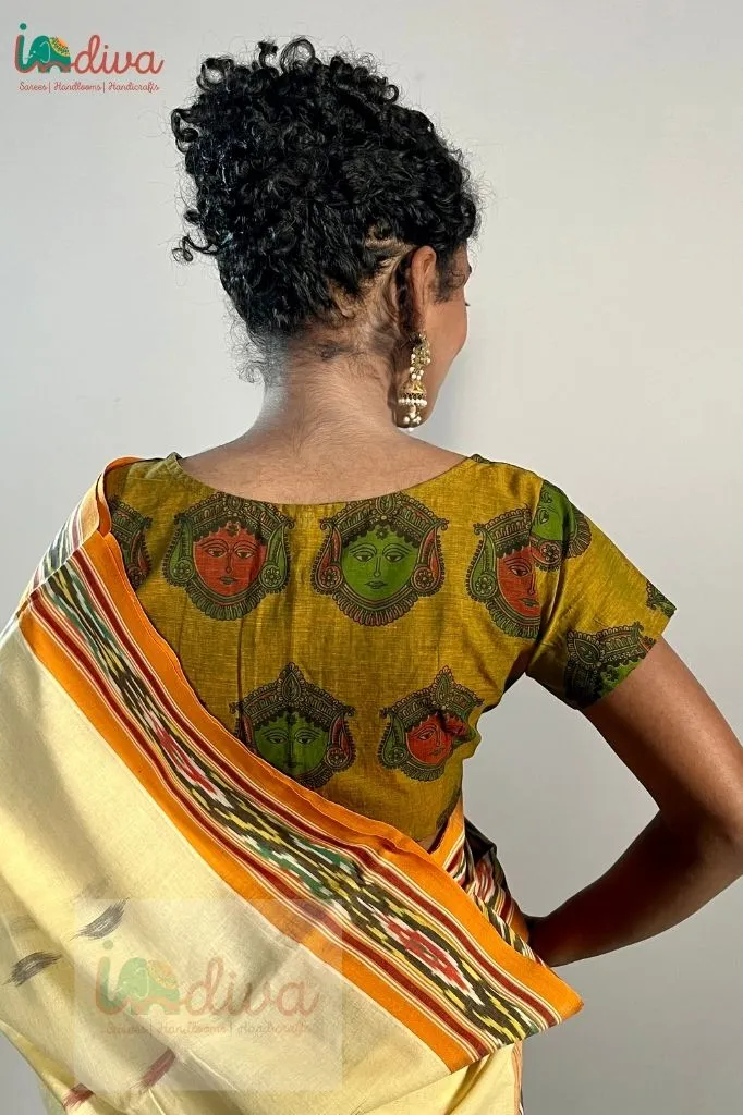 Kalamkari Yellow Cotton Saree Blouse