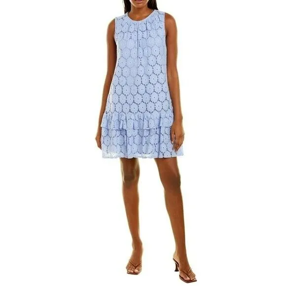 London Times Sleeveless Tiered Ruffle Hem Floral Lace Mini Dress