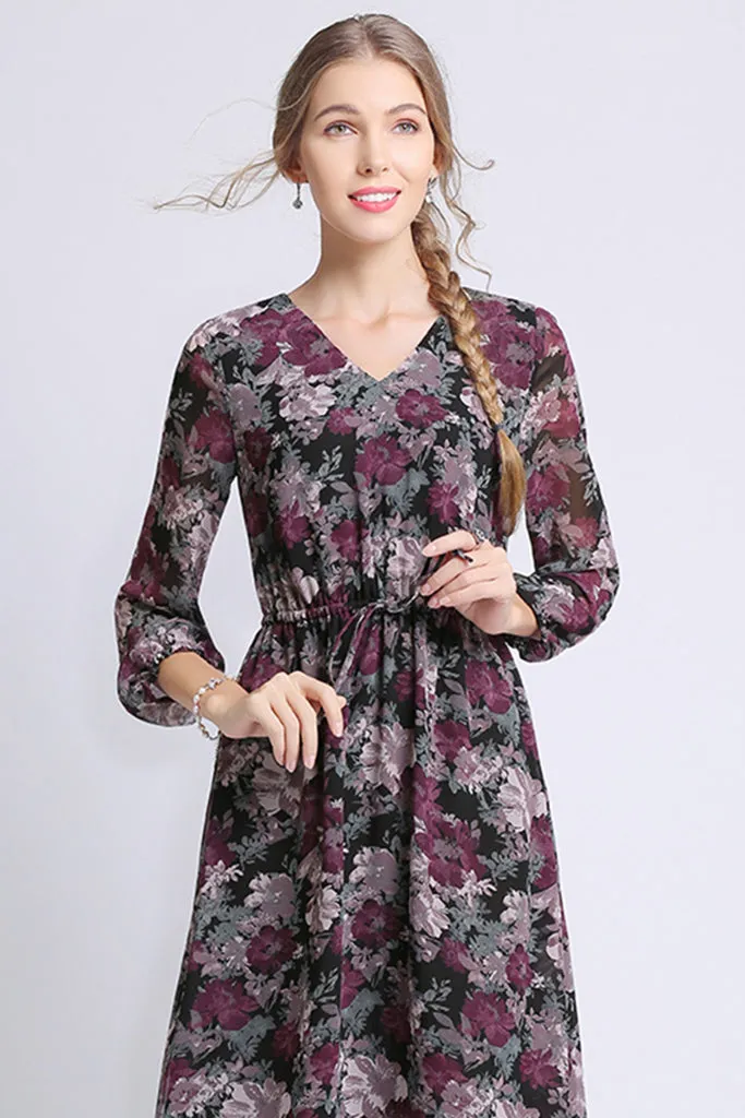 LONG SLEEVE V-NECK SWING DRESS WITH WAIST DRAWSTRING