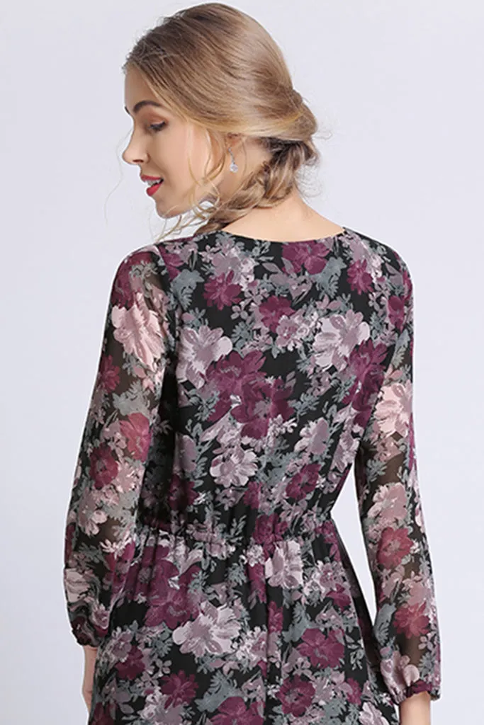 LONG SLEEVE V-NECK SWING DRESS WITH WAIST DRAWSTRING