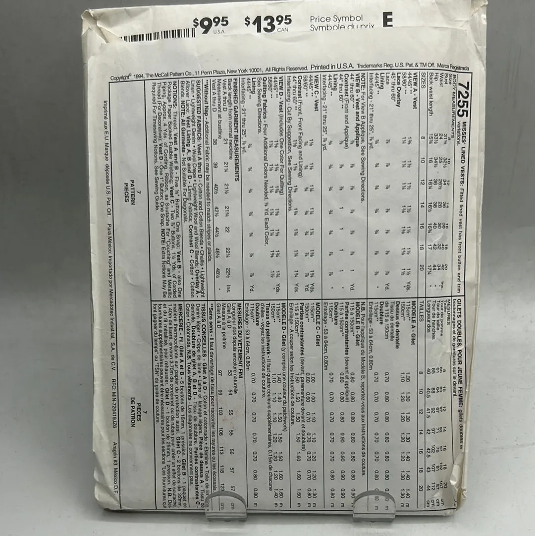 MCCALL'S Pattern, Misses' Lined Vests (PMC7255)