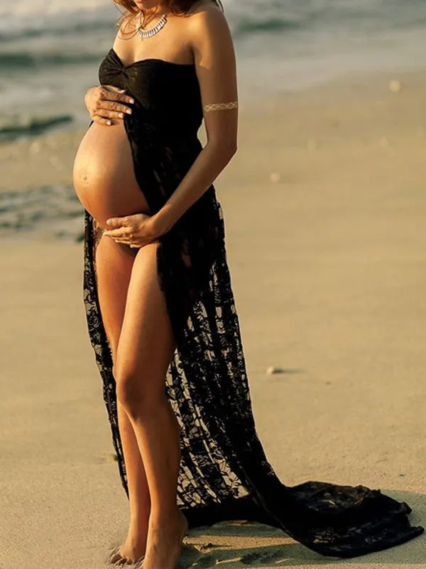Momnfancy Lace Slit Bandeau Photoshoot Maternity Maxi Dress