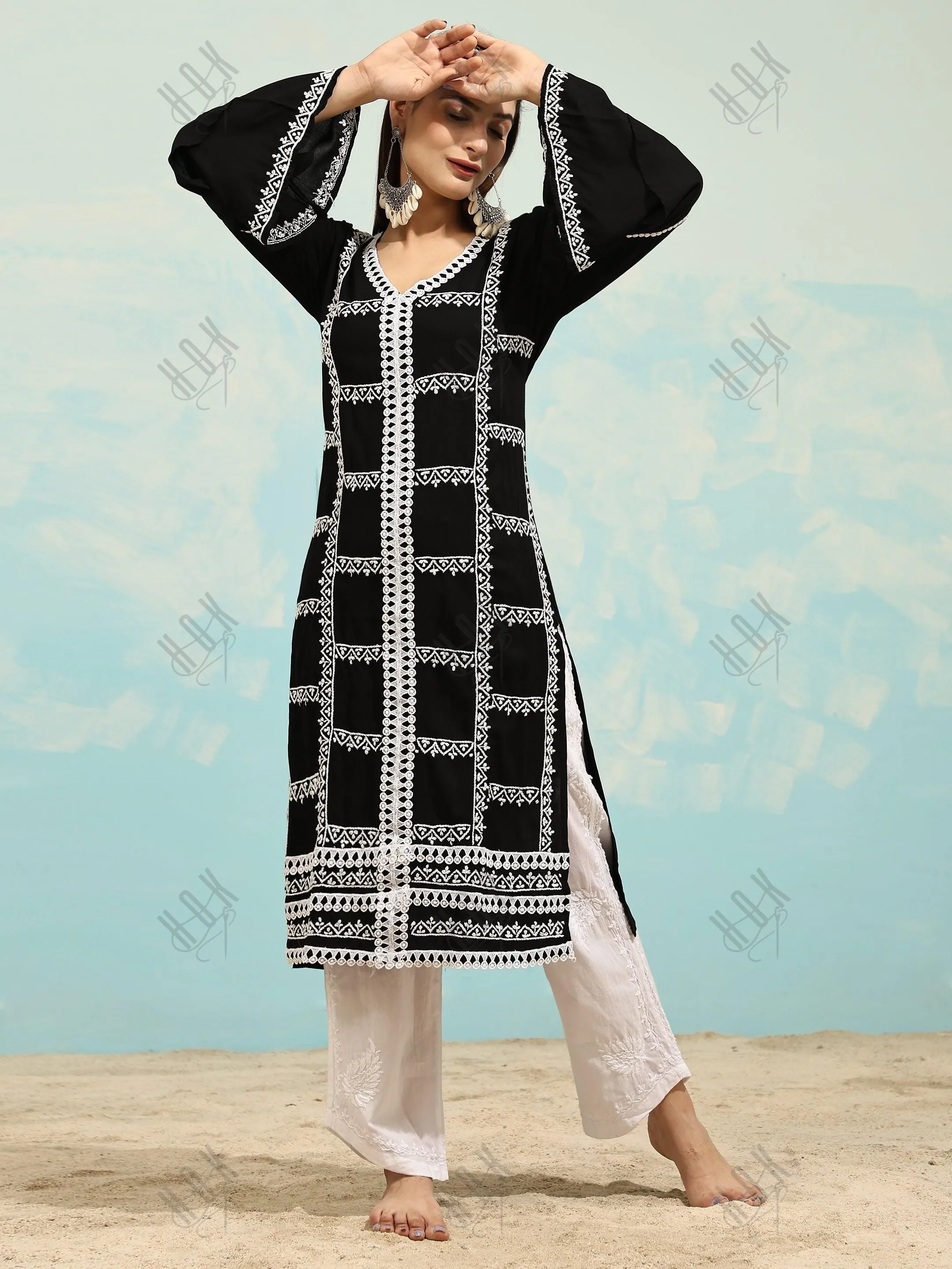 Muskan in Chikankari Long Kurta in Rayon Cotton for Women- Black With White