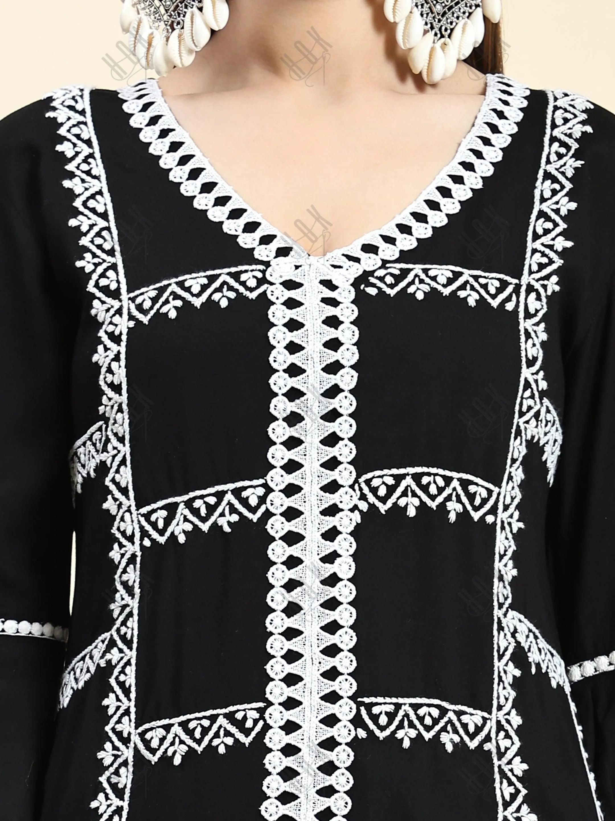 Muskan in Chikankari Long Kurta in Rayon Cotton for Women- Black With White