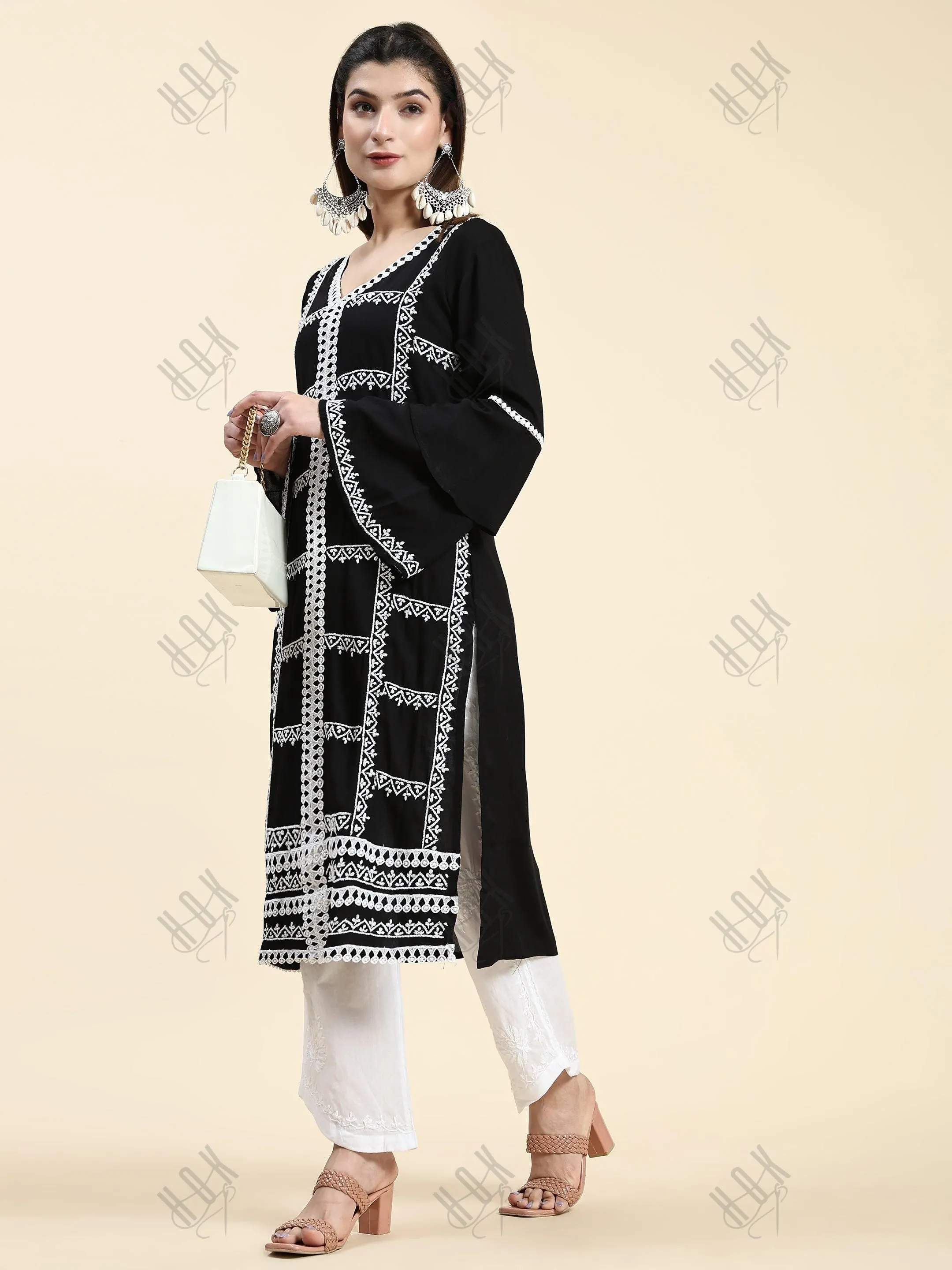 Muskan in Chikankari Long Kurta in Rayon Cotton for Women- Black With White