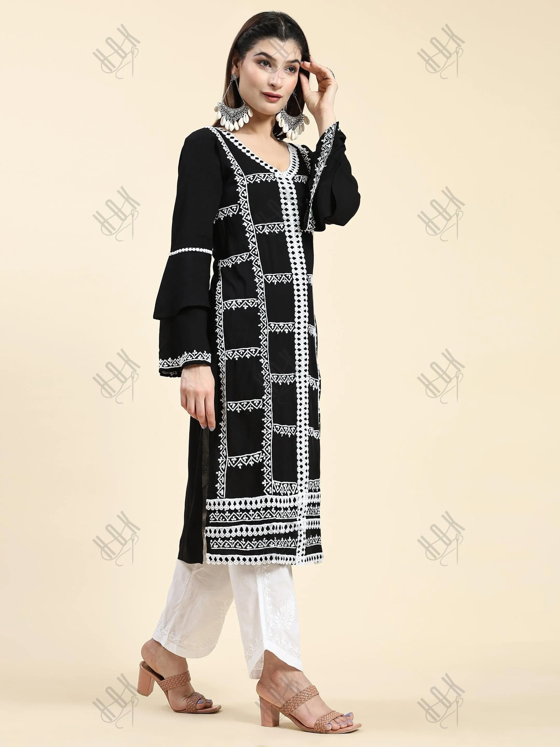 Muskan in Chikankari Long Kurta in Rayon Cotton for Women- Black With White