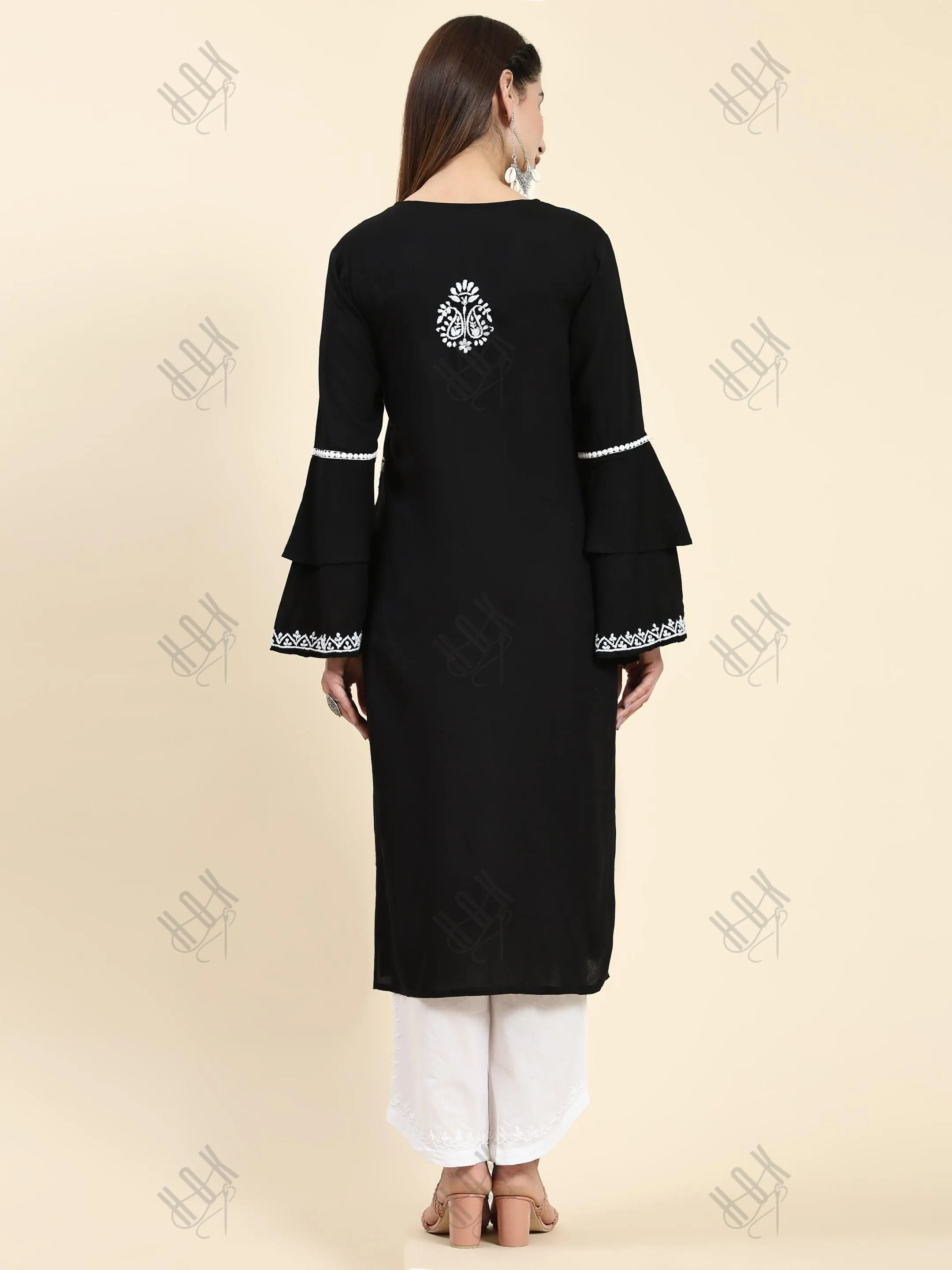 Muskan in Chikankari Long Kurta in Rayon Cotton for Women- Black With White