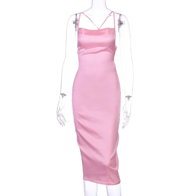 Neon Satin lace up women long midi dress bodycon backless elegant party sexy club clothes summer dinner outfit
