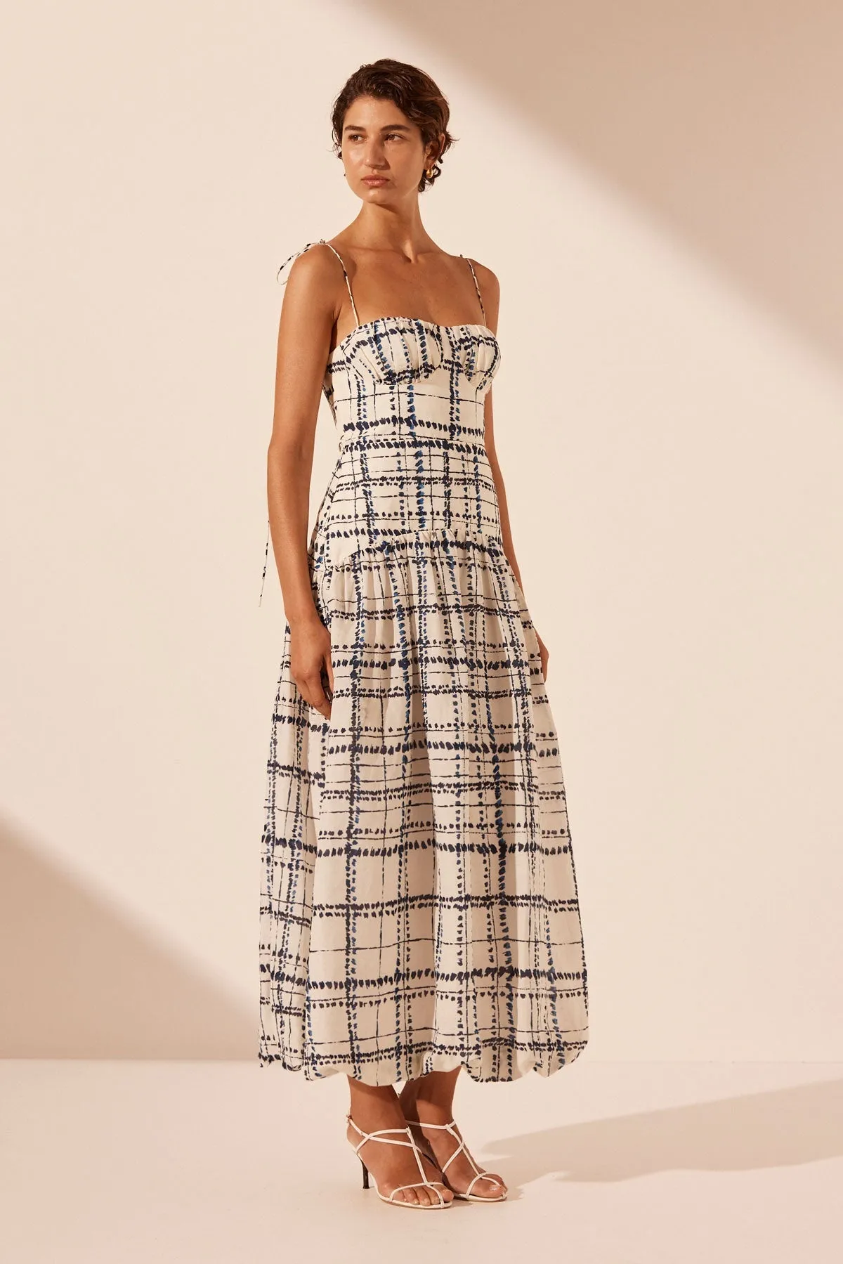 NIKO GATHERED BUBBLE MIDI DRESS
