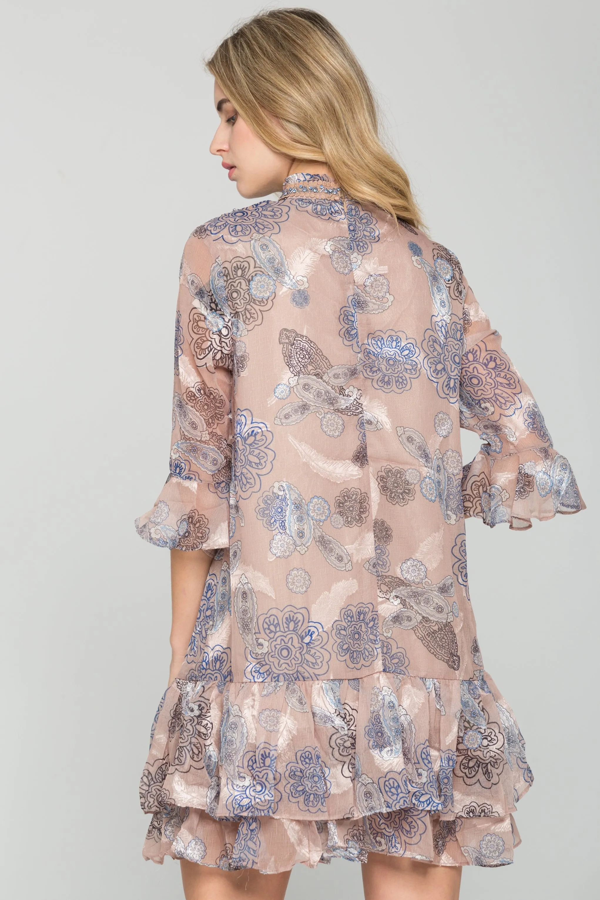 Ochre and Blue Lace Neck Floral Print Dress