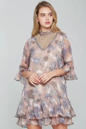 Ochre and Blue Lace Neck Floral Print Dress