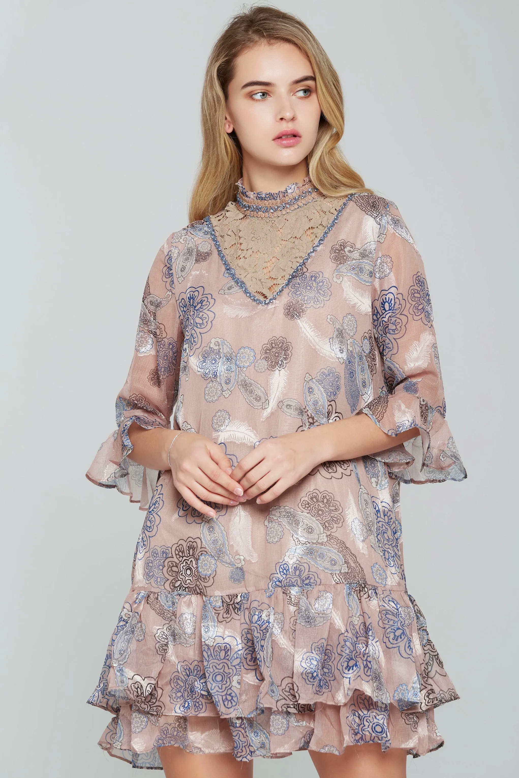 Ochre and Blue Lace Neck Floral Print Dress