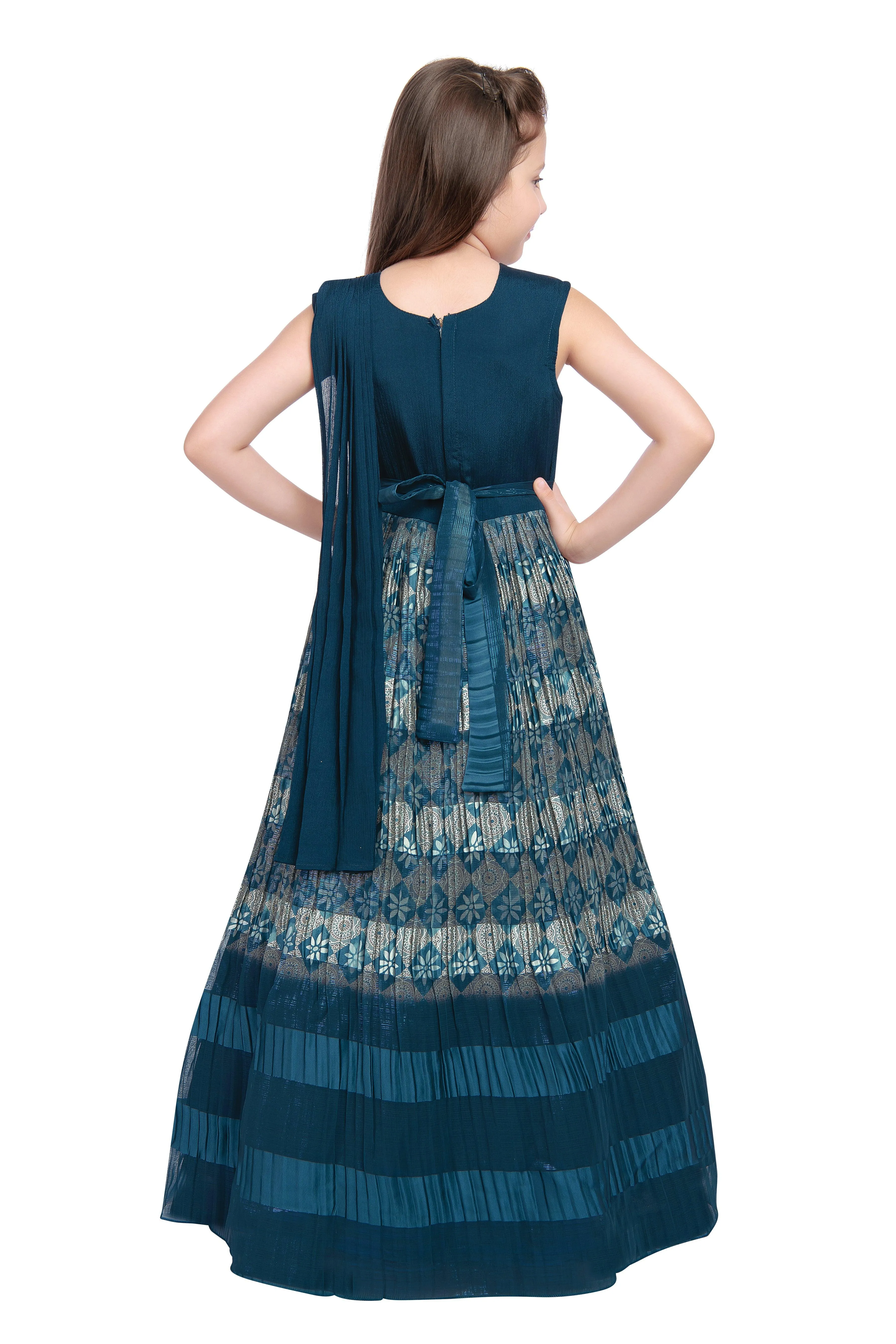 Peacock Blue Coloured Pleated Fabric Saree Style Gown For Girls