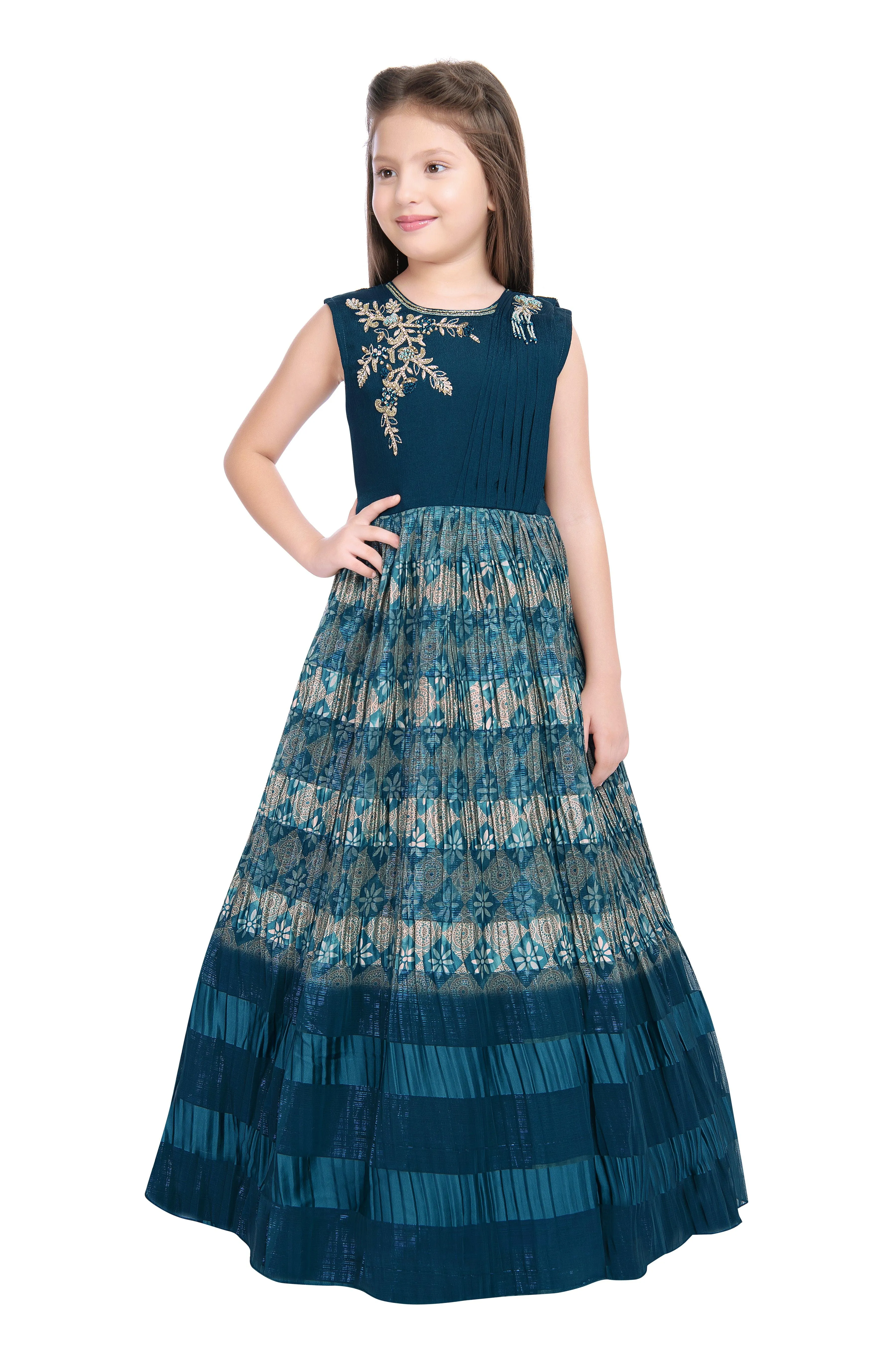 Peacock Blue Coloured Pleated Fabric Saree Style Gown For Girls