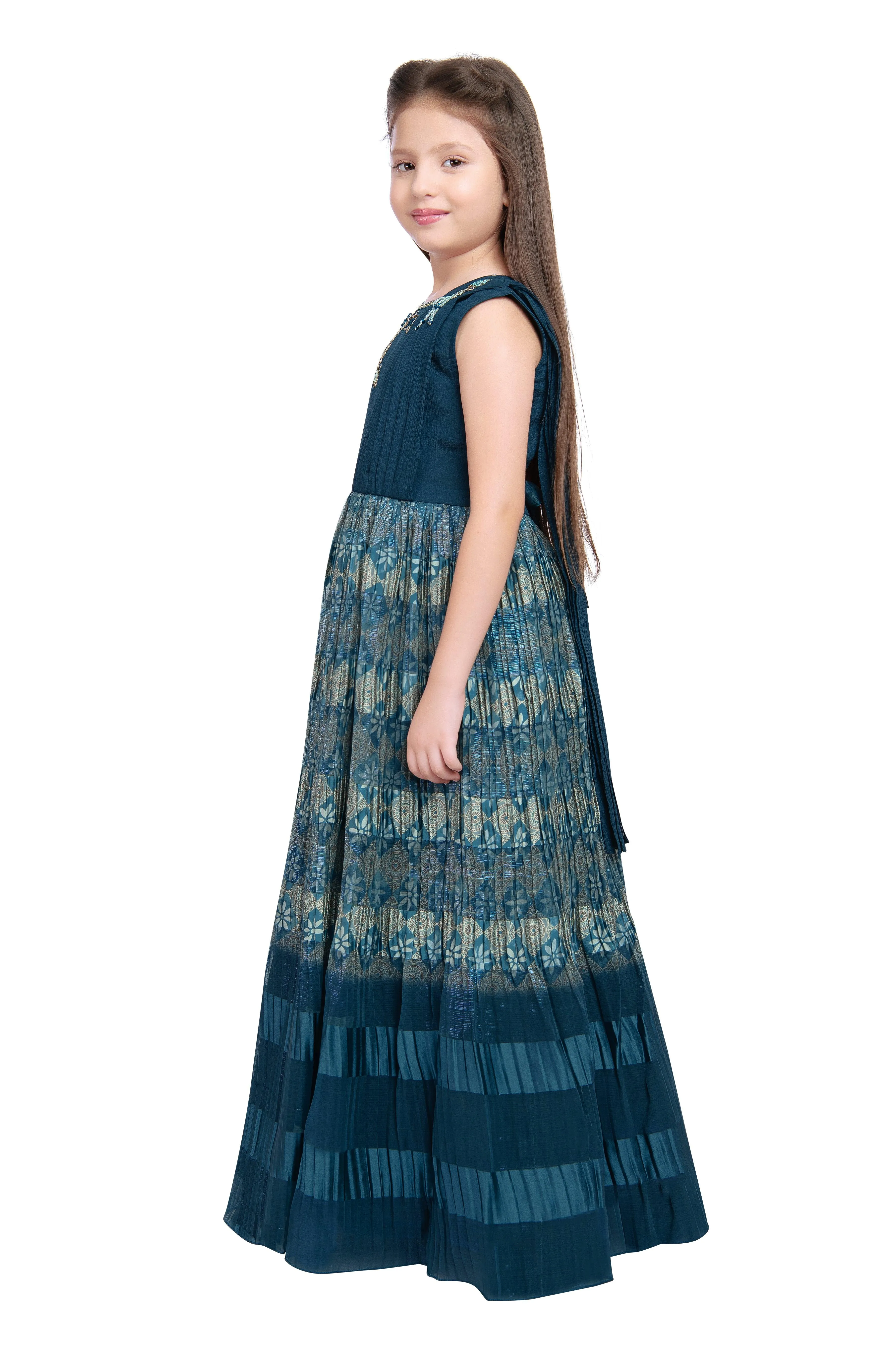 Peacock Blue Coloured Pleated Fabric Saree Style Gown For Girls
