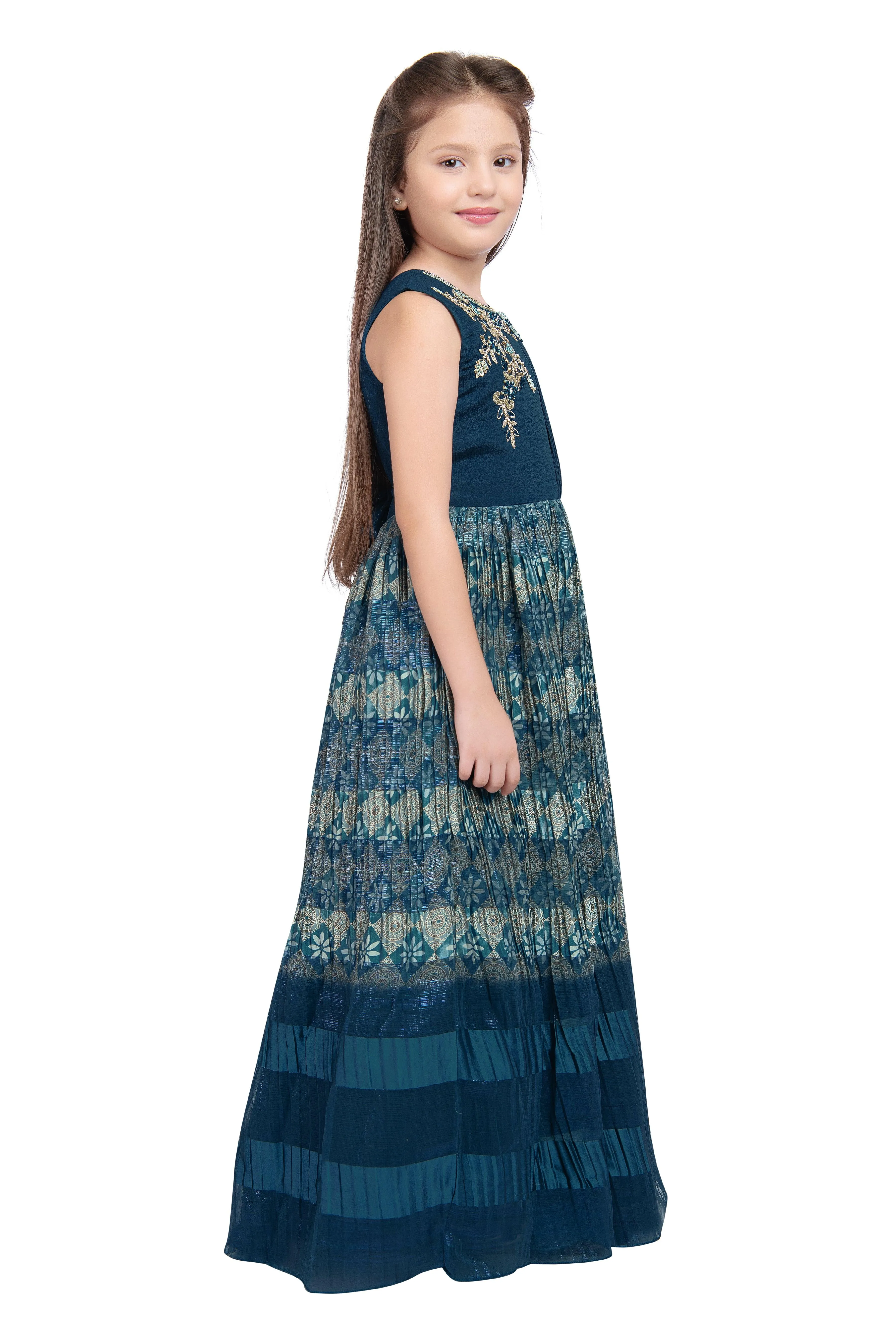 Peacock Blue Coloured Pleated Fabric Saree Style Gown For Girls