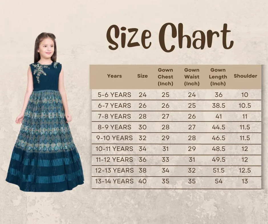 Peacock Blue Coloured Pleated Fabric Saree Style Gown For Girls